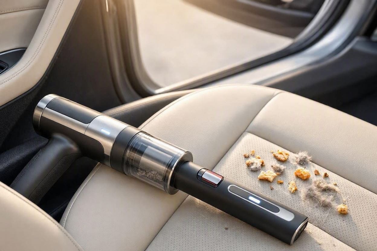 A quiet cordless handheld vacuum cleaning crumbs and pet hair from a car seat