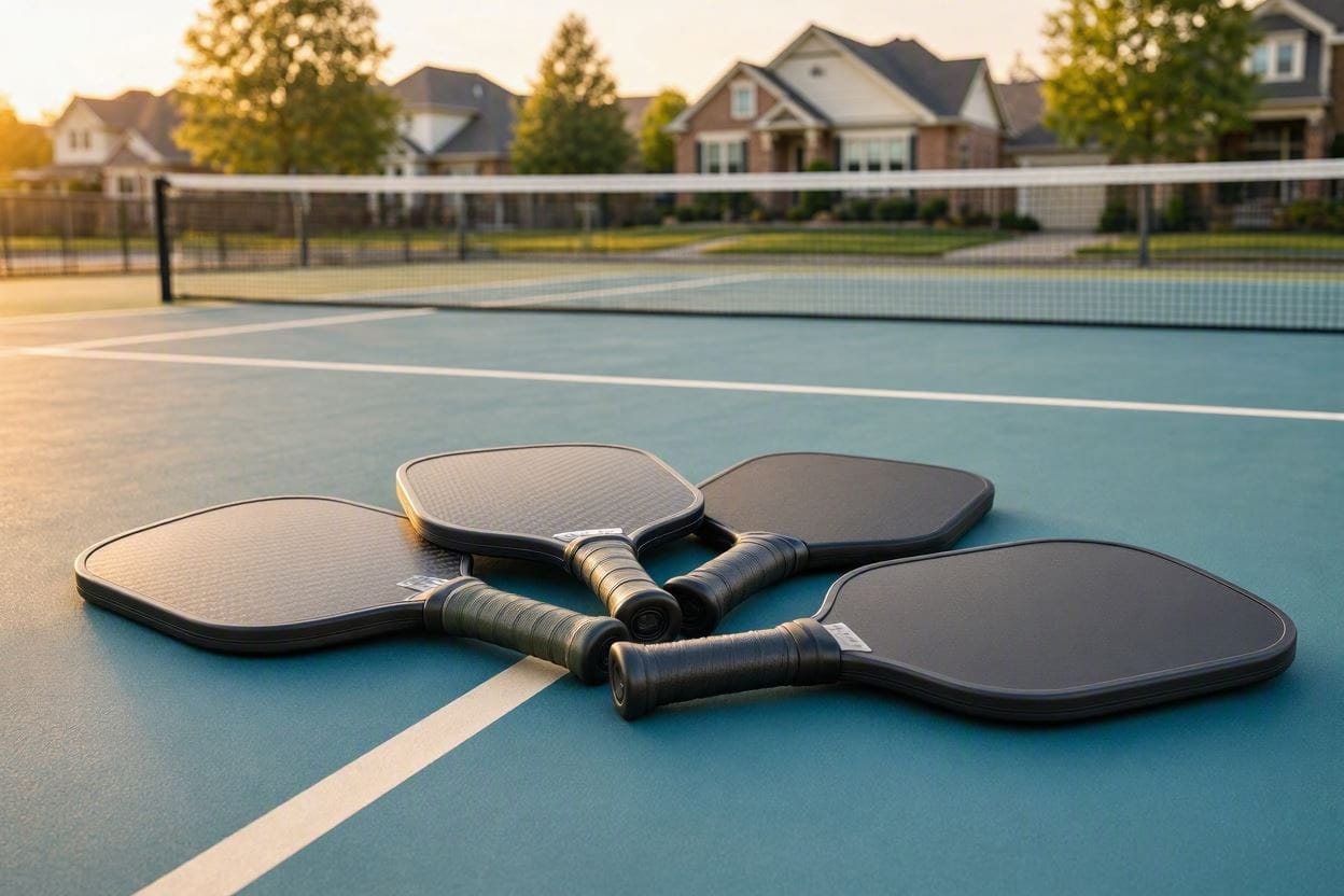 Several quiet pickleball paddles arranged on an outdoor court in a residential setting