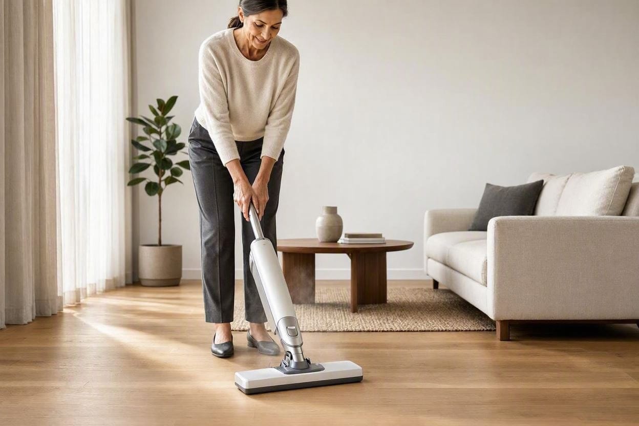 A quiet steam mop cleaning hardwood floors in a peaceful living room
