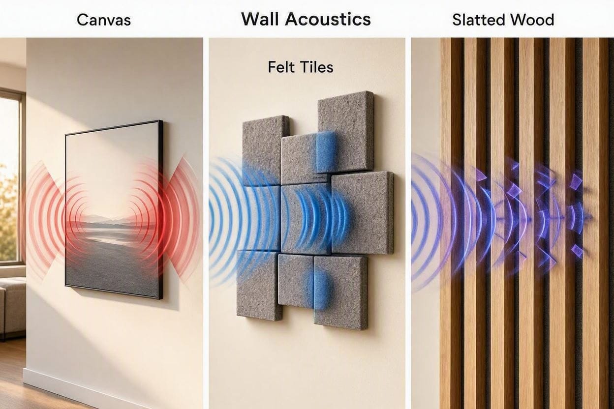 A comparison showing how decorative felt tiles and slatted panels absorb sound while solid canvas art reflects it