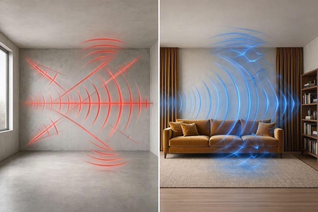 A comparison showing how furniture and soft materials absorb sound and reduce echo in a room
