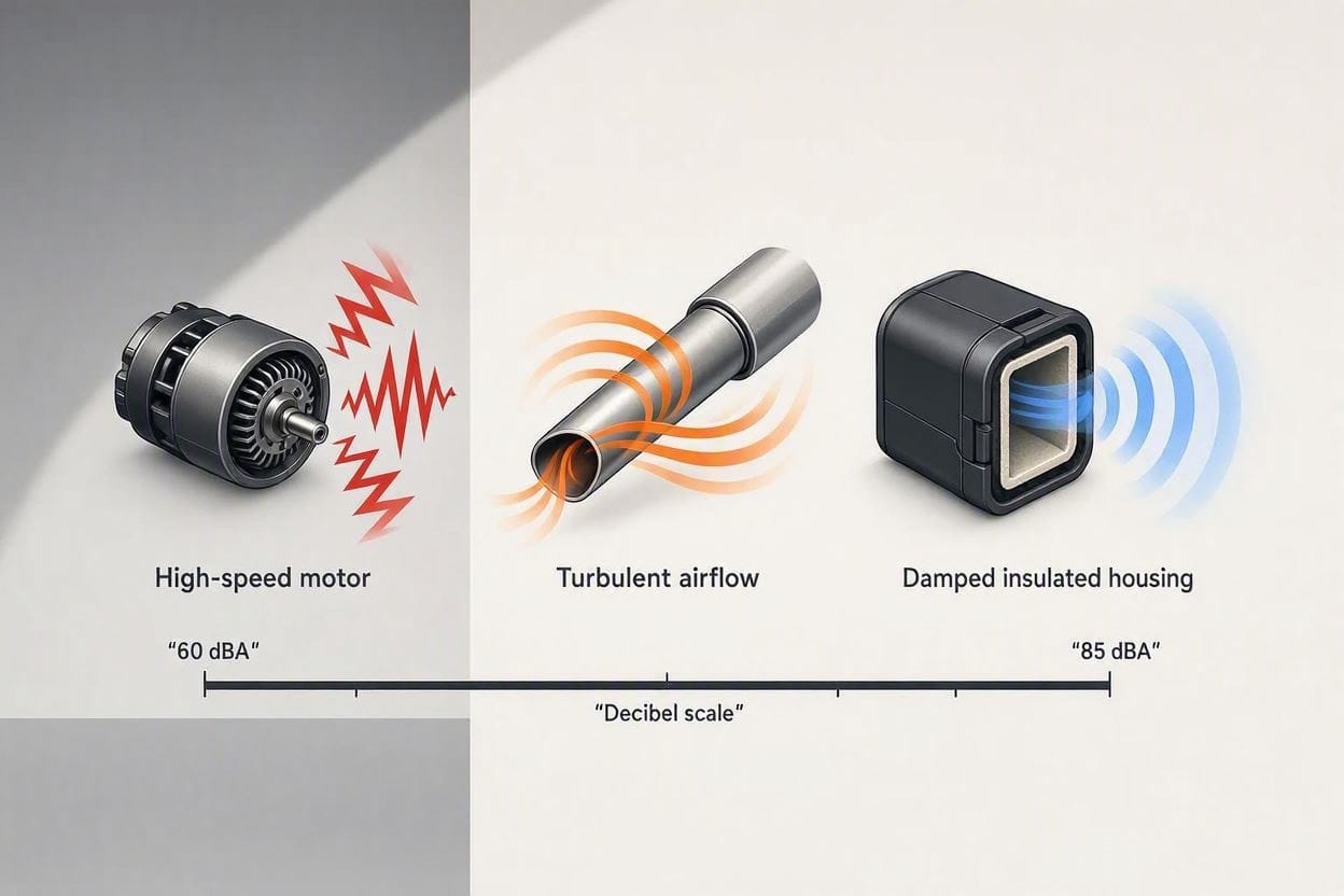 A diagram showing the three main noise sources in handheld vacuums and their typical decibel range