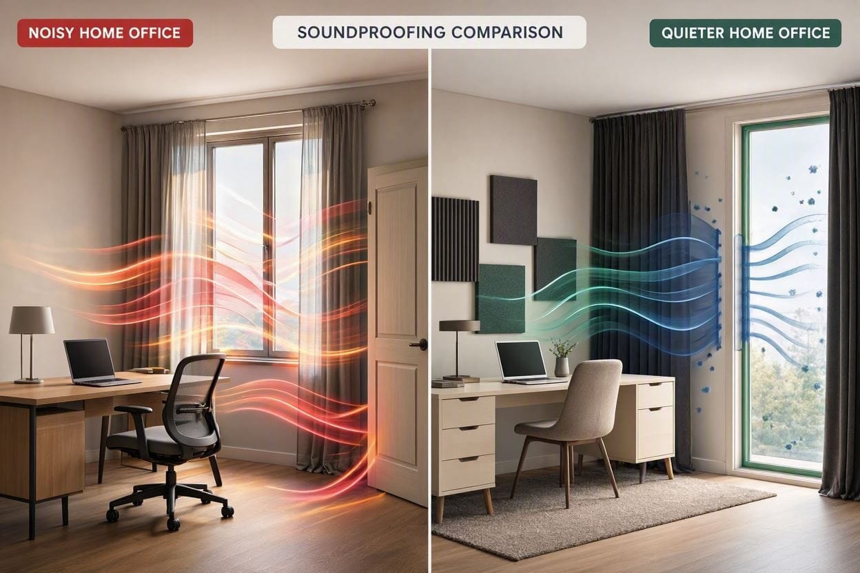 A comparison showing how sealing gaps, adding curtains, rugs, and panels soundproof a home office from outside noise