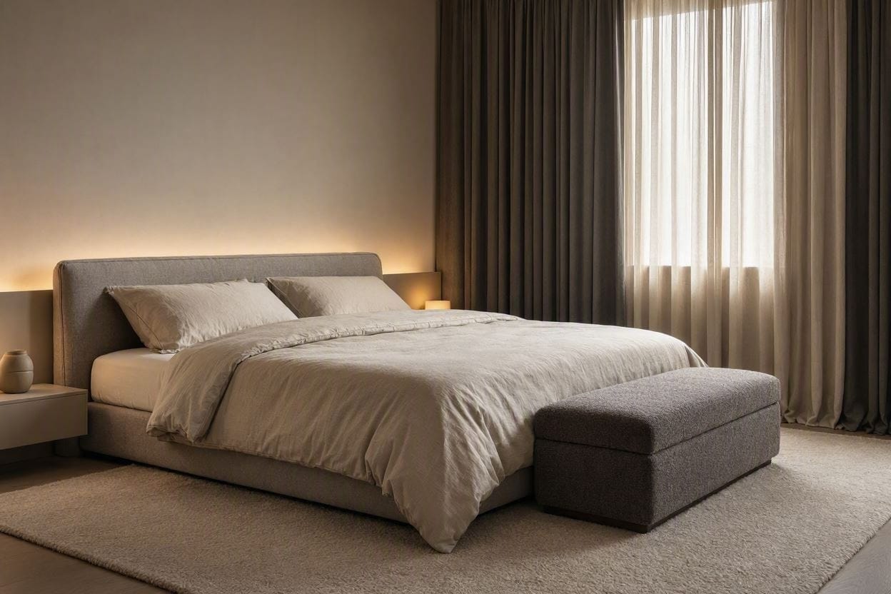 A quiet, sleep-friendly bedroom with rugs, curtains, and soft furnishings to reduce nighttime noise
