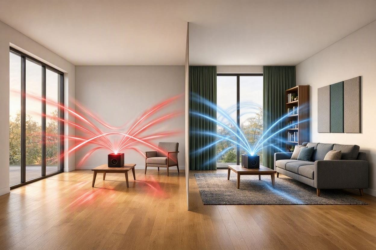 A comparison showing how rugs, curtains, furniture, and wall panels reduce echo in a living room