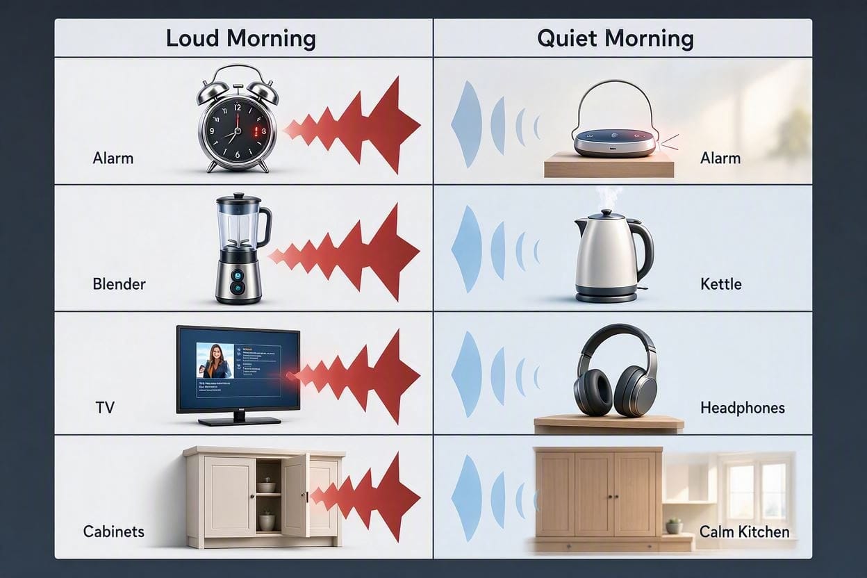 A comparison infographic showing loud morning habits versus calm, quiet morning routine alternatives