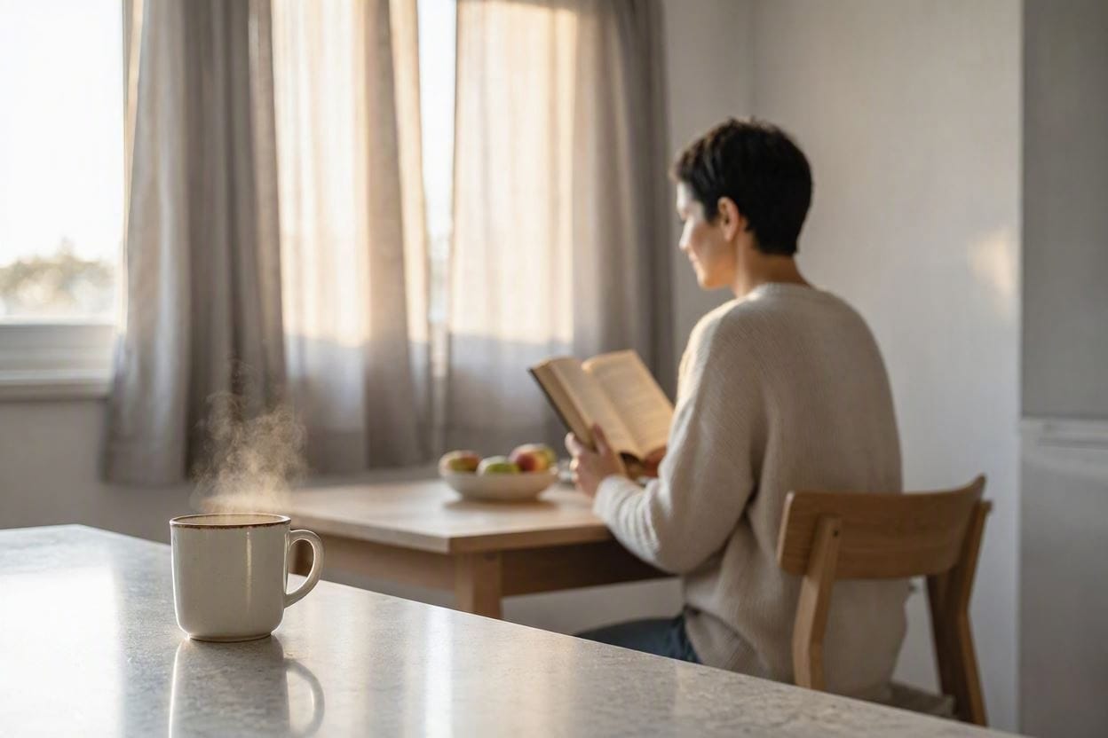 A peaceful morning kitchen scene with quiet lighting and no noisy appliances running