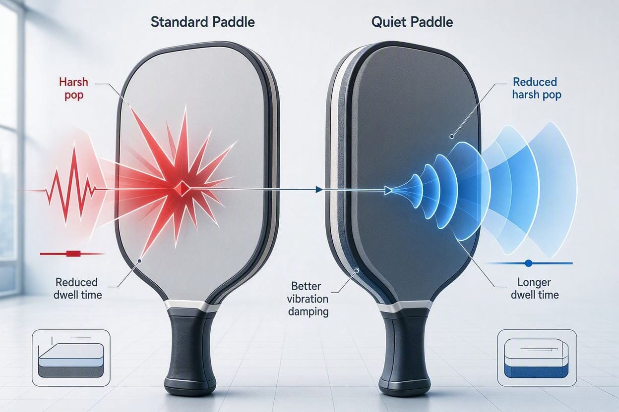 A visual comparison showing how a quiet pickleball paddle reduces harsh impact noise through softer materials and damping
