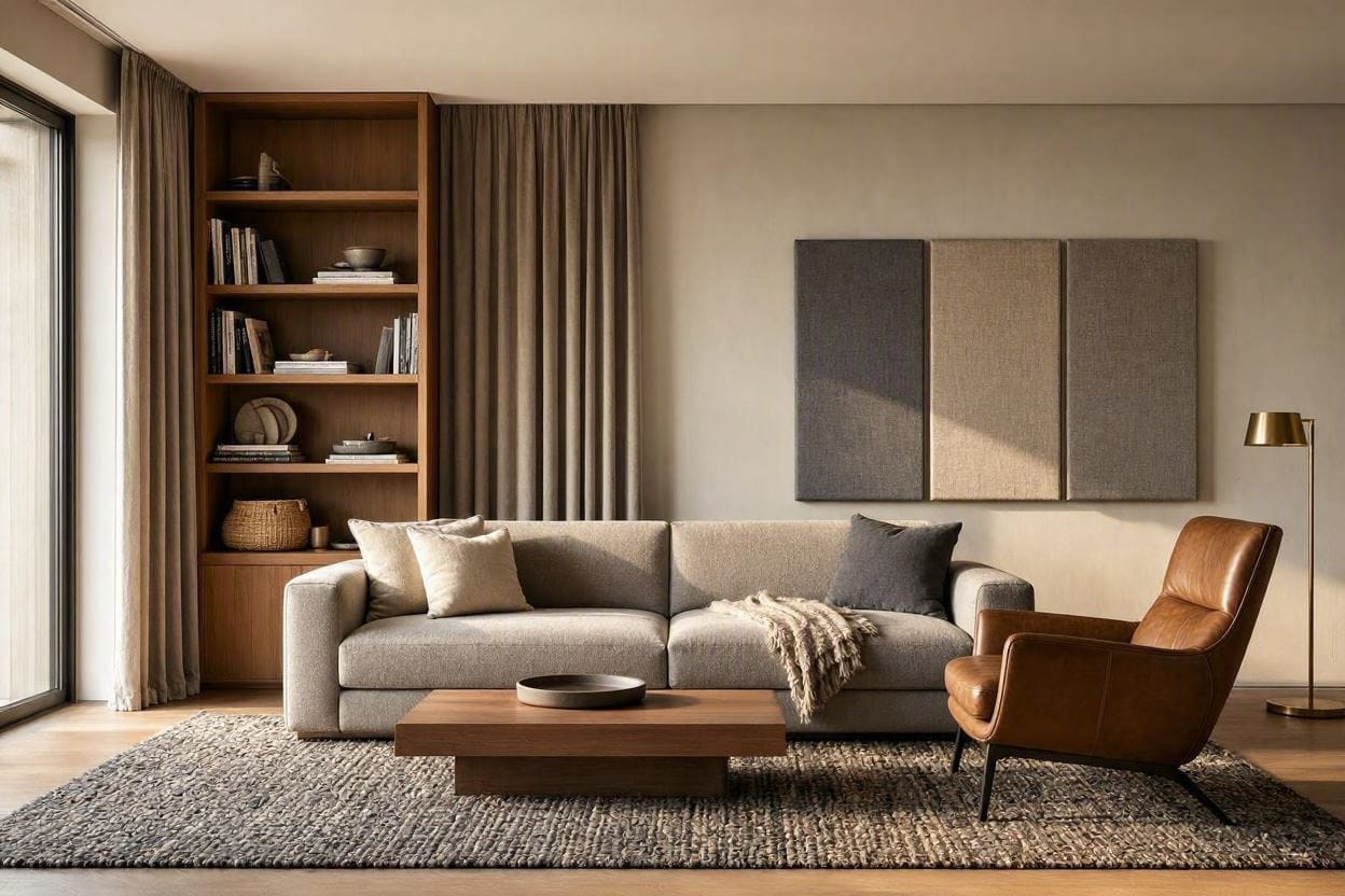 A stylish living room using rugs, curtains, and upholstered furniture to reduce echo naturally