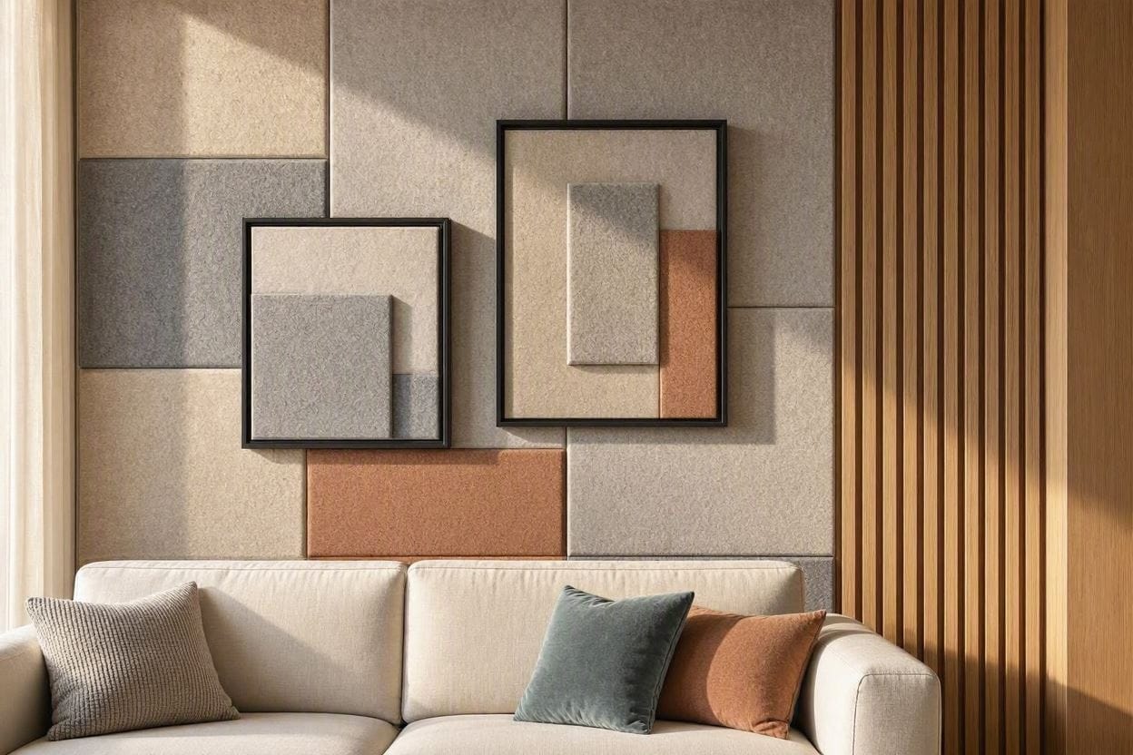 A styled living room wall with decorative acoustic felt tiles, wood slat panels, and acoustic art that reduce echo