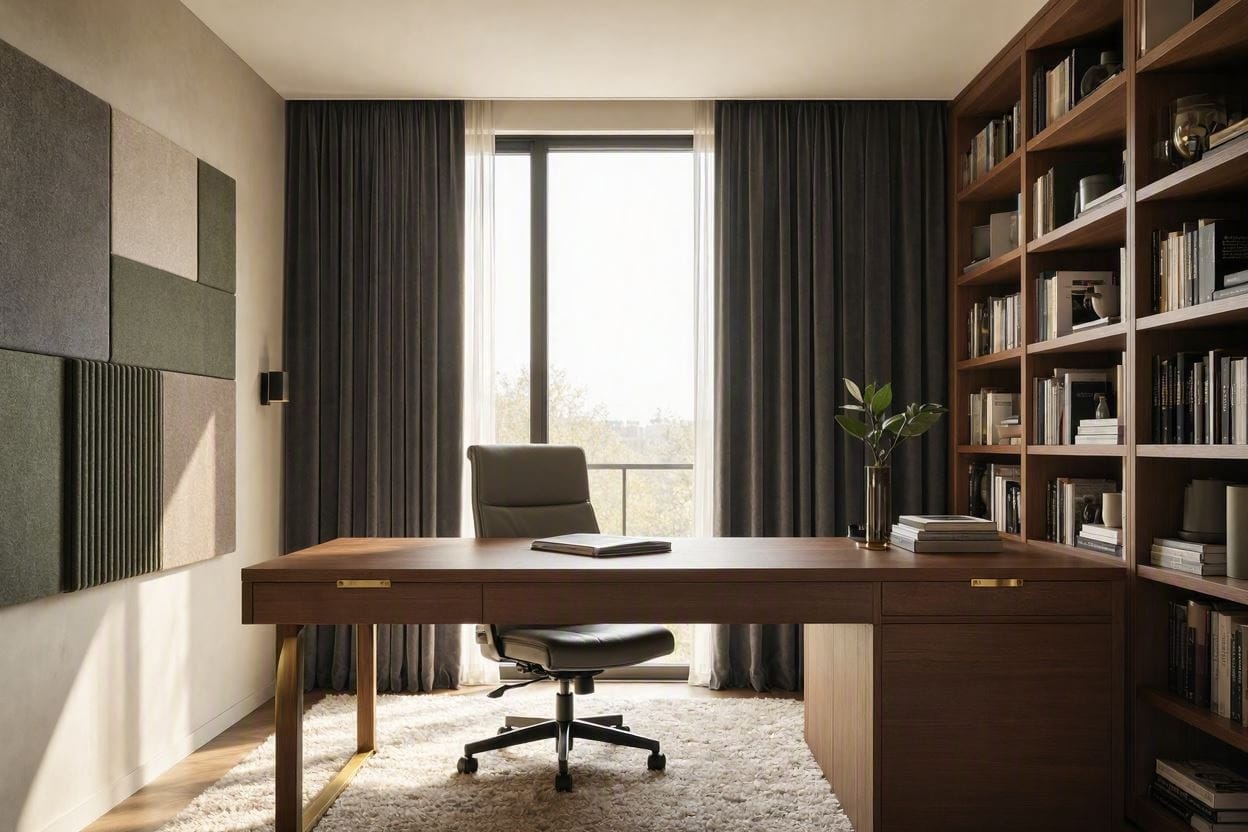 A modern home office with curtains, rug, and acoustic treatments blocking outside noise