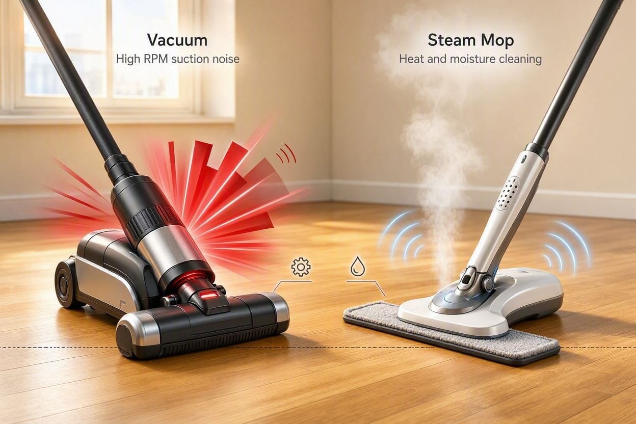 A comparison showing why steam mops are quieter than vacuum-based floor cleaners