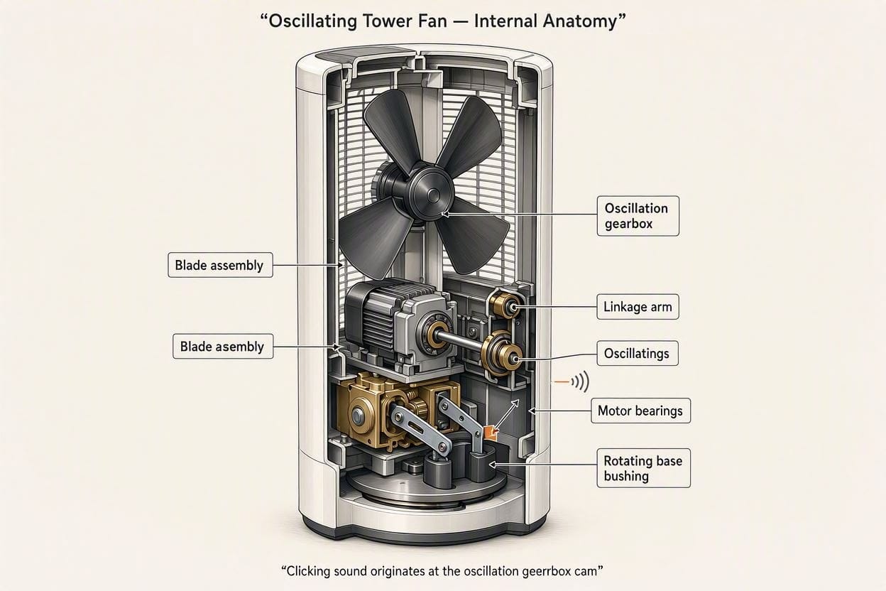 A cutaway diagram showing the internal parts of a tower fan that cause clicking and rattling noises.