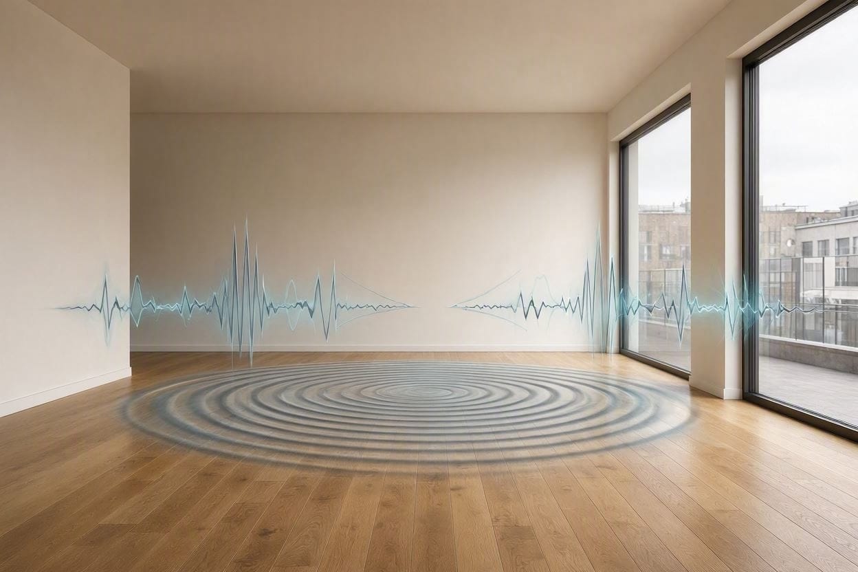 An empty room with hard floors and bare walls where sound waves bounce and create echo
