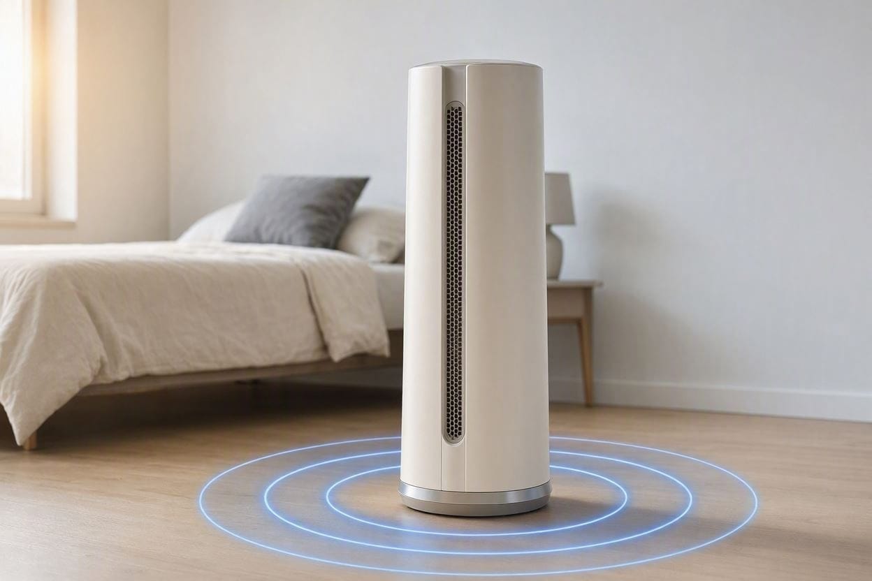 A modern tower fan in a quiet bedroom with visible clicking sound waves from the base
