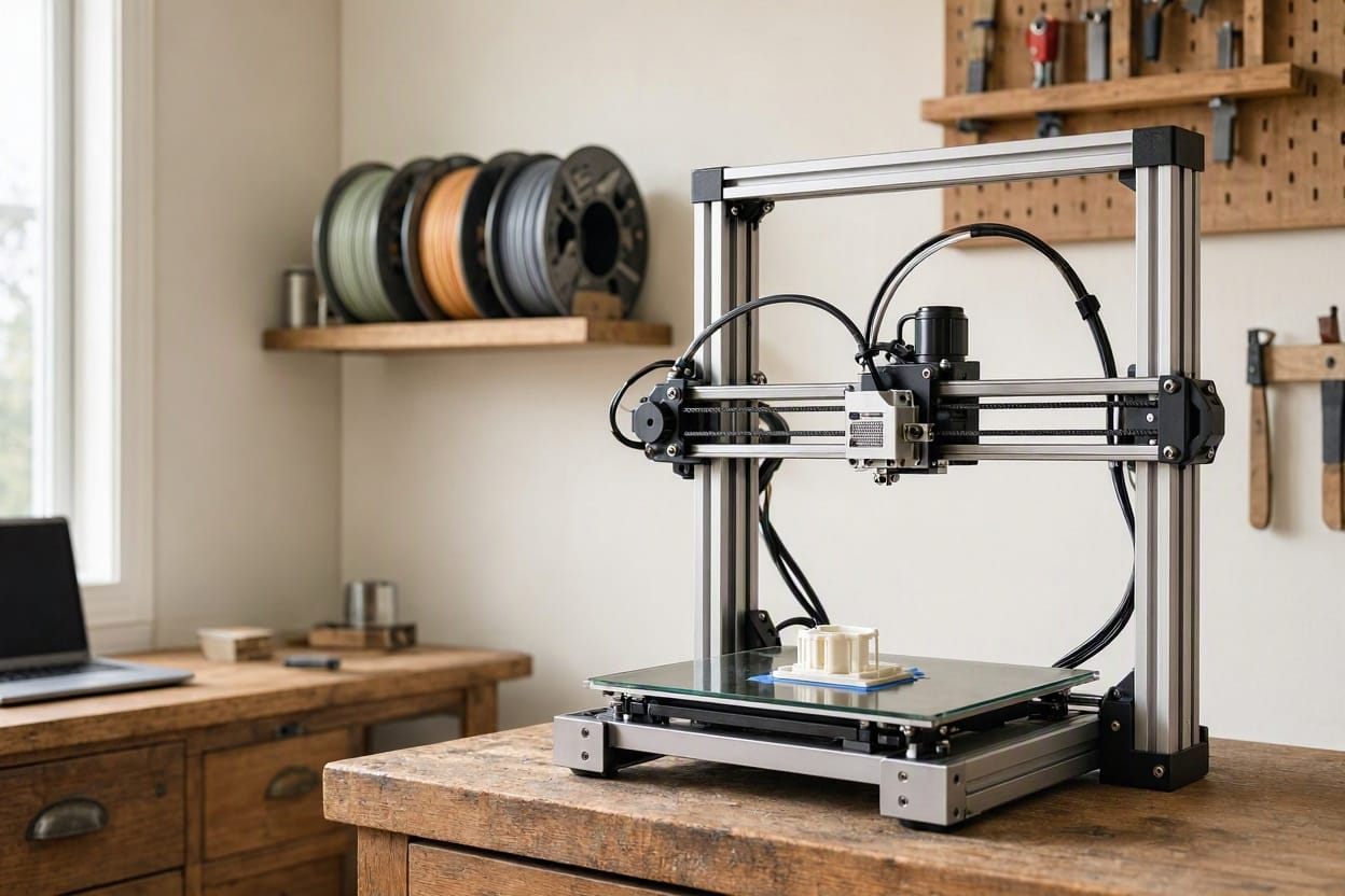3D printer on a workbench in a tidy home workshop with filament spools behind it