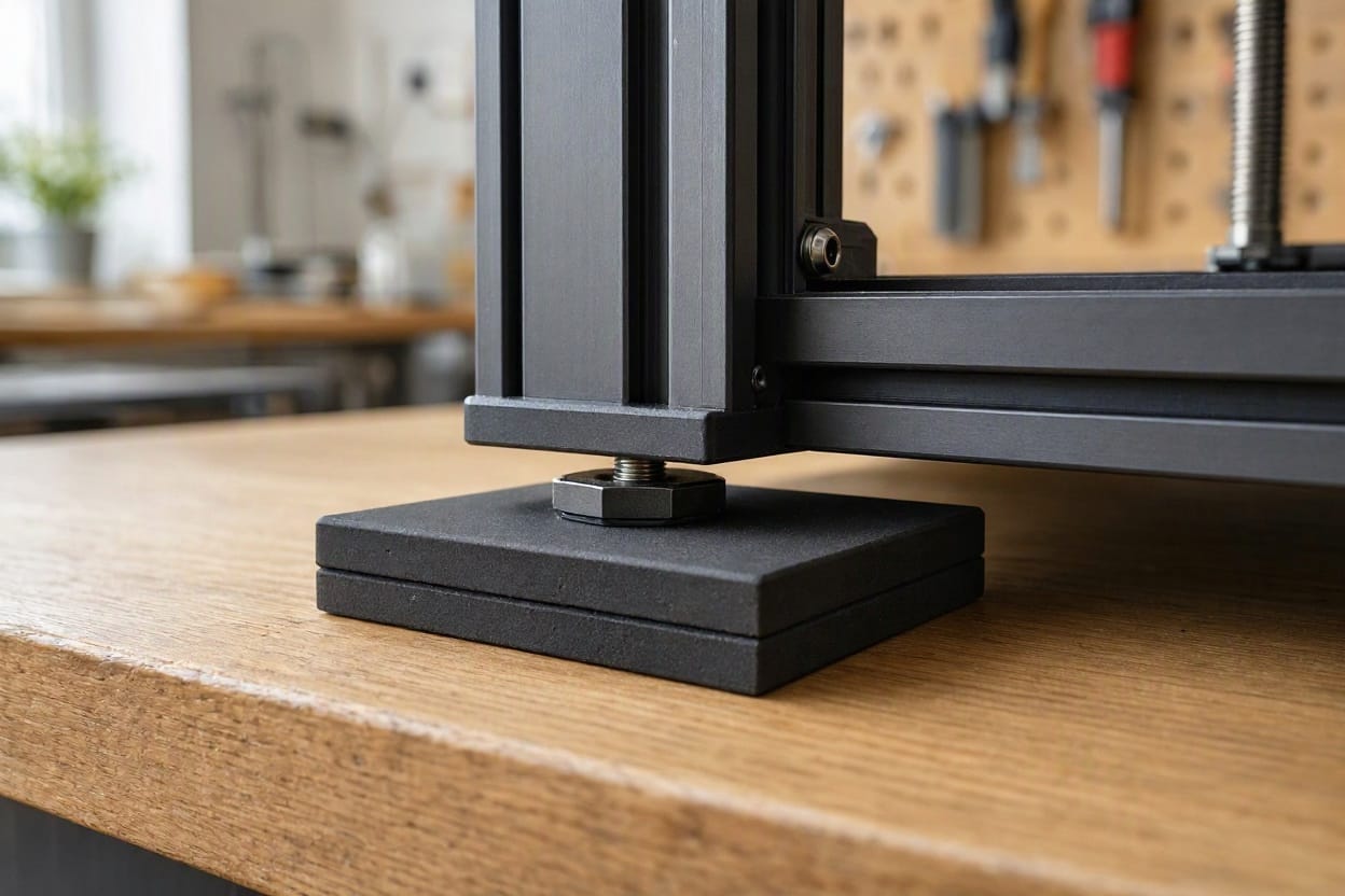Close-up of a 3D printer foot resting on a rubber anti-vibration pad on a workbench