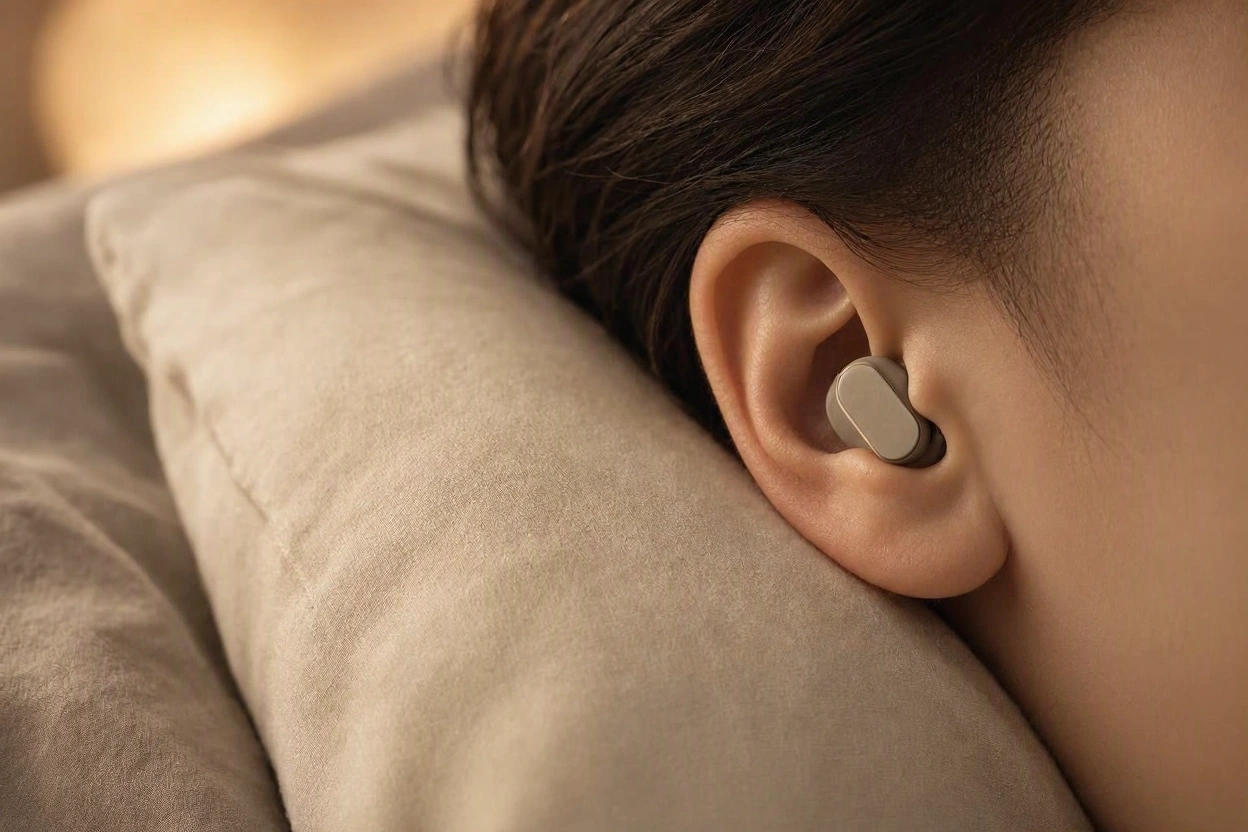 Close-up of a low-profile earbud sitting flush in an ear resting on a pillow
