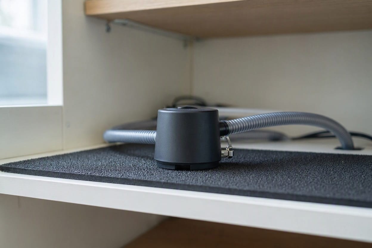 Aquarium canister filter resting on a rubber anti-vibration mat inside a cabinet