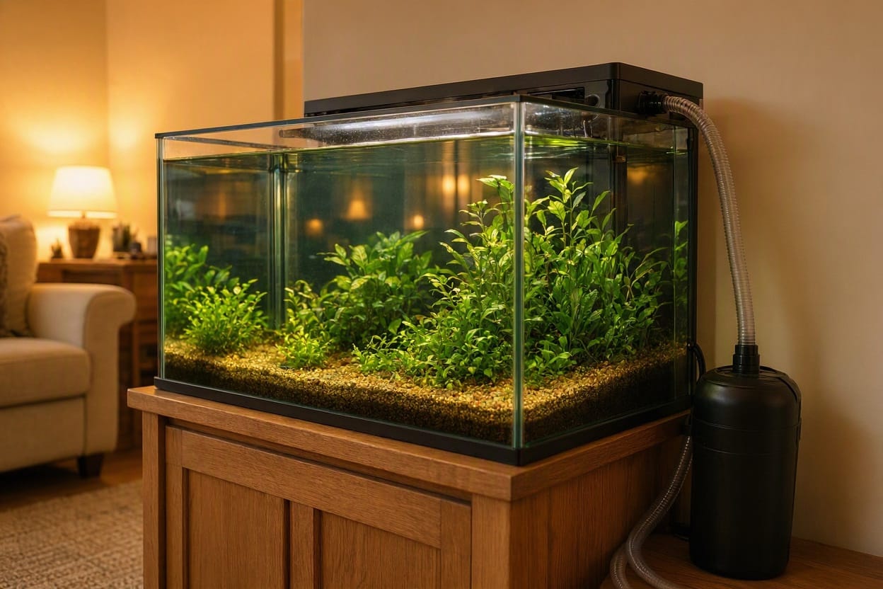 Planted freshwater aquarium on a wooden cabinet with a canister filter beside it