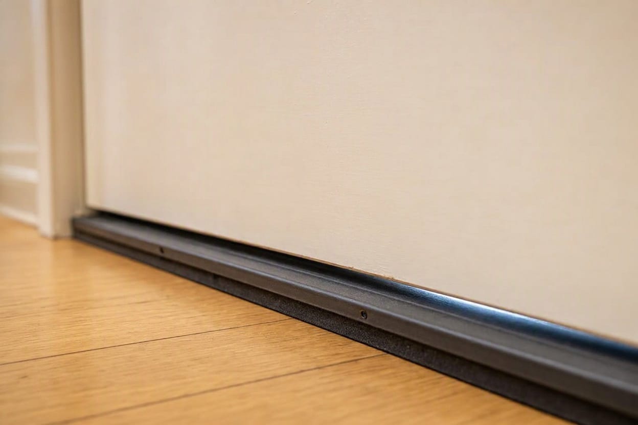 Close-up of an acoustic door sweep sealing the gap beneath a closed bedroom door