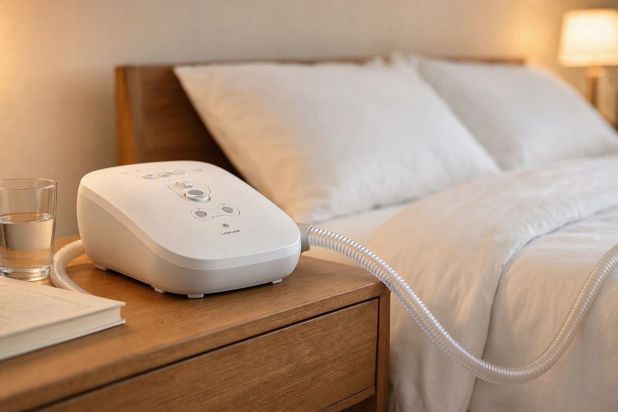 CPAP machine on a wooden nightstand beside a neatly made bed in a dimly lit bedroom