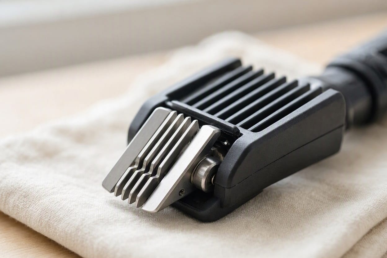 Close-up of a pet clipper cutting head showing the blade teeth and guide comb
