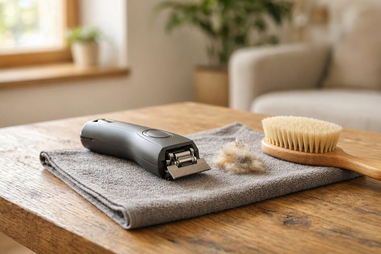 Cordless pet clipper resting on a towel beside a grooming brush on a wooden table
