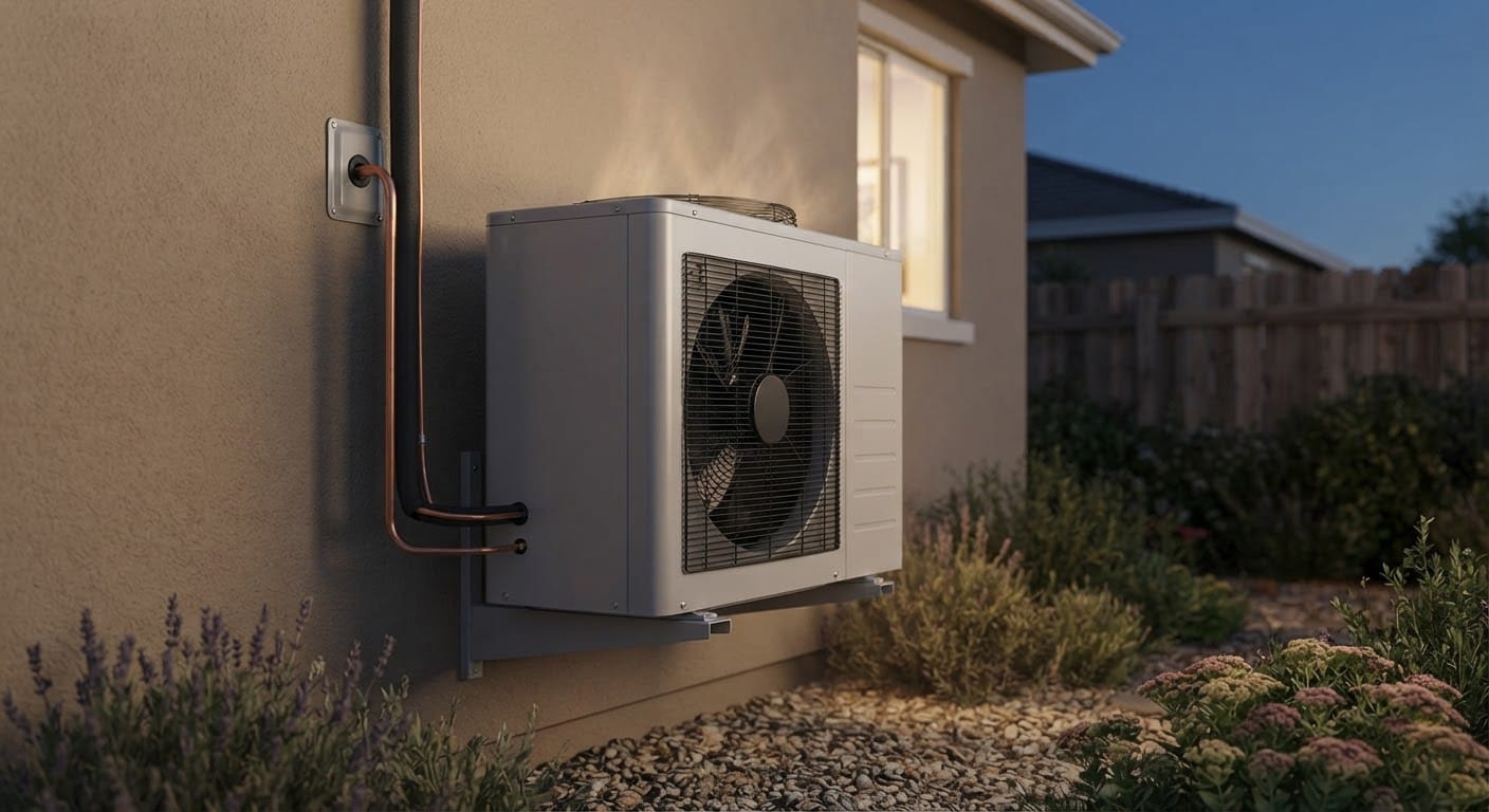 Outdoor heat pump condenser unit mounted on the exterior wall of a home at dusk