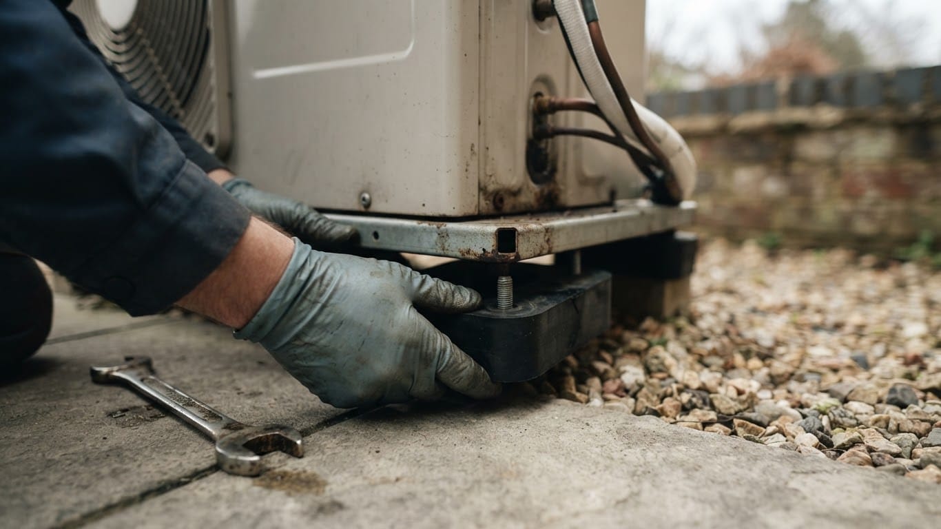 Technician fitting an anti-vibration mounting foot beneath an outdoor heat pump unit