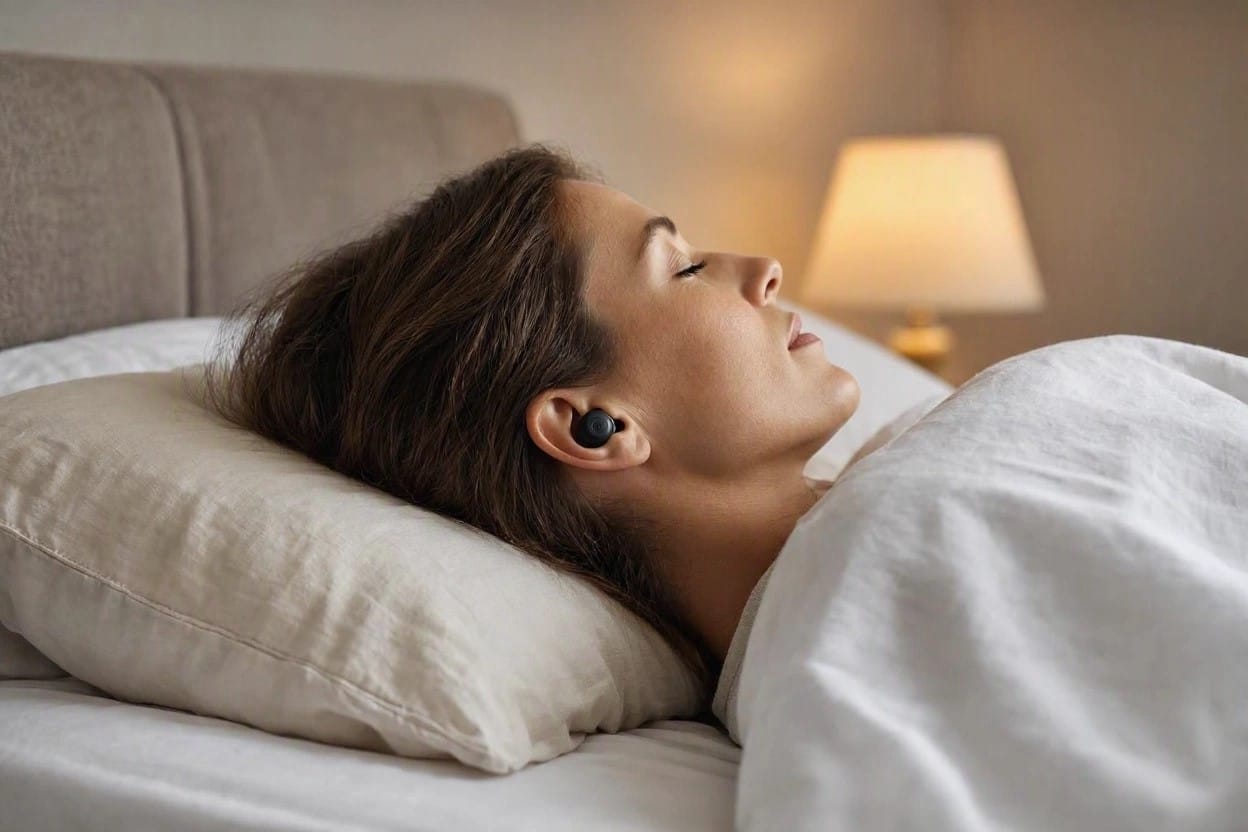 Person sleeping on their side in bed wearing a small low-profile earbud