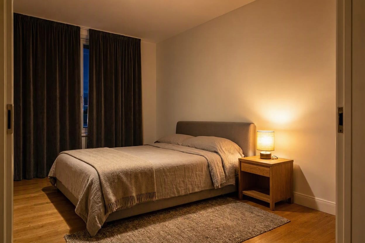 Calm simply furnished bedroom at night with heavy curtains and soft lamplight