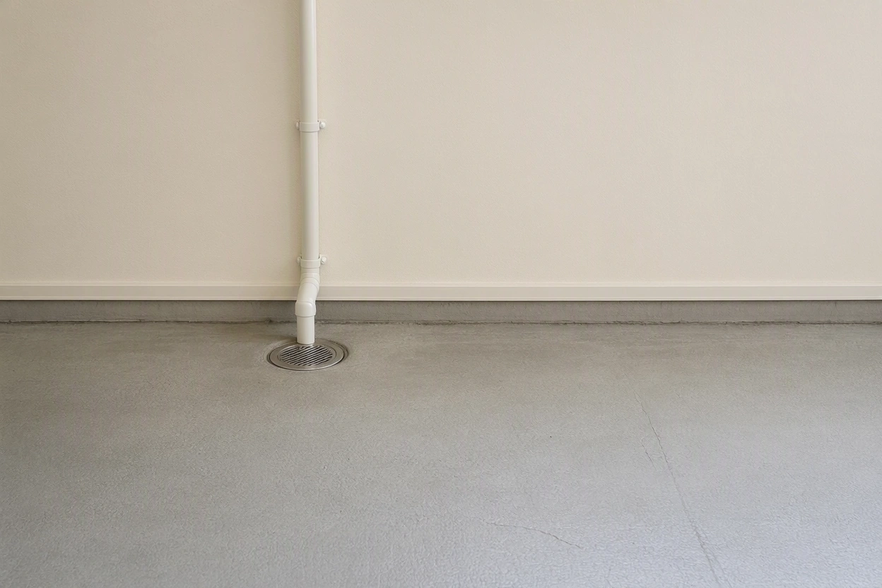 Sump pump installed in a pit in a clean concrete basement floor with its discharge pipe