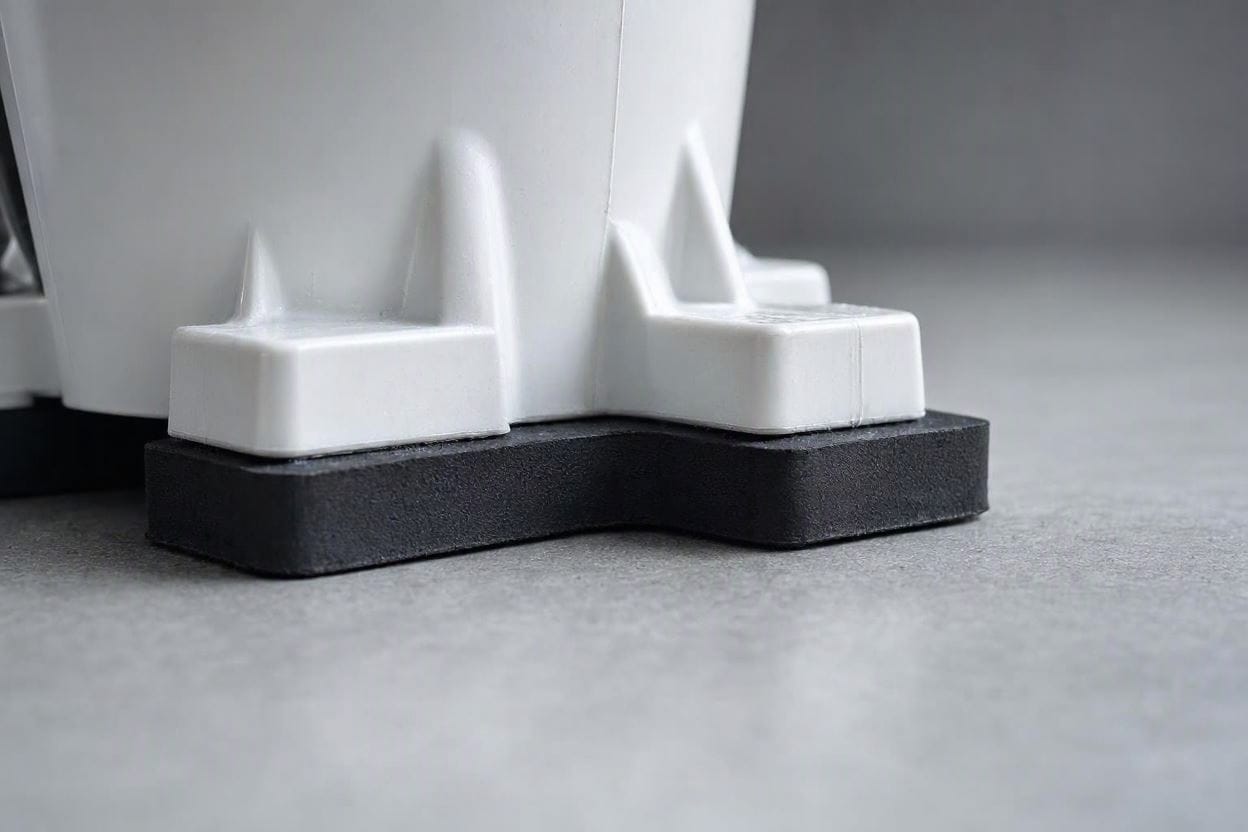Close-up of a sump pump base resting on a rubber anti-vibration pad inside a concrete pit